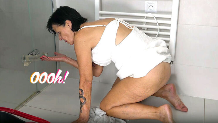 Tattooed Granny Masturbates with Sex Toys After Party